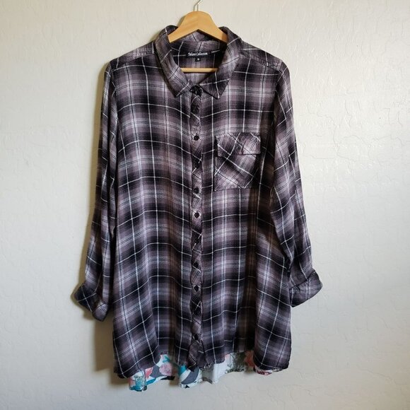 Tolani Collection Plaid Tunic Top Floral Print Back Button Up Sz Women's 1X Plus - Picture 3 of 12